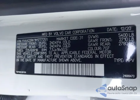 2021 Volvo Xc60 T6 Momentum z USA, uszkodzony, nr VIN YV4A22RK1M1777251